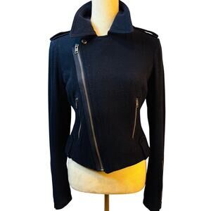 American Eagle Wool Blend Moto Jacket Coat Navy Blue Asymmetrical Zip Medium Zip